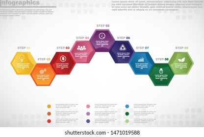 illustrations vector of infographics design and business marketing icons with 9 options or processes layout, diagram, annual report, web design. eps10
