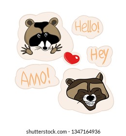 Illustrations in vector, set of cartoon drawings, stickers with raccoon, hearts