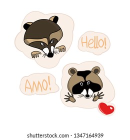 Illustrations in vector, set of cartoon drawings, stickers with raccoon, hearts
