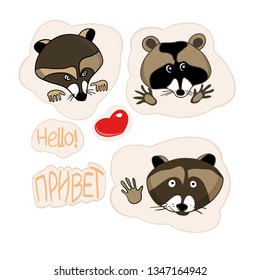 Illustrations in vector, set of cartoon drawings, stickers with raccoon, hearts