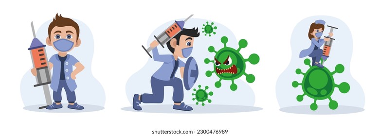 Illustrations vector vaccination set. Health care providers fight virus with vaccinations and immunizations. Cartoon characters flat style on white background