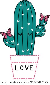 Illustrations Vectors Graphic of Cactus with butterflies and hearts.Nice and happy cactus plant.
