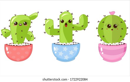 Illustrations Vectors Graphic of Prickly Cactus with Funny Expressions in Colorful Pots