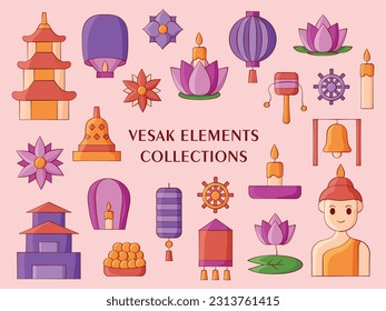 Illustrations of vesak elements collections. Cute character and use saturation color of brown and cream. Perfect for the book cover, T-shirt design and attribute with theme of vesak day.