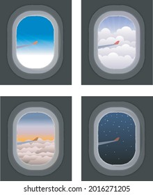 Illustrations of views from the plane window during a long flight