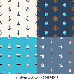 Illustrations of vintage vector flat design modern nautical, marine patterns