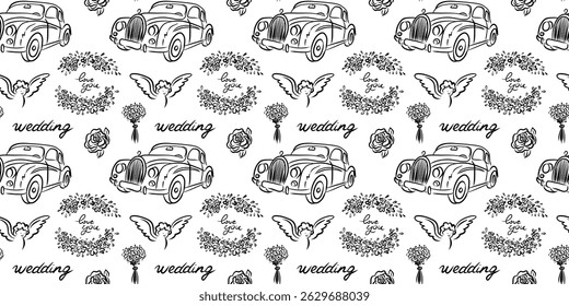 Illustrations of Vintage Wedding Cars Featuring Beautiful and Artistic Floral Designs