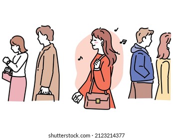 Illustrations of walking and commuting.The streets, walking, crowds, shopping.