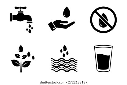 Illustrationen von Wasserschutzsymbolen, einschließlich Wasserhahn, Hand, Pflanze und Glas, die einen verantwortungsvollen Wasserverbrauch betonen