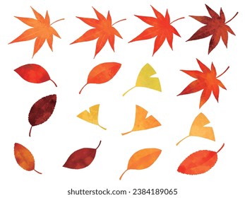 Illustrations of watercolor-style autumn leaves; maple, ginkgo, dead leaves, fallen leaves, autumn, winter and plants.