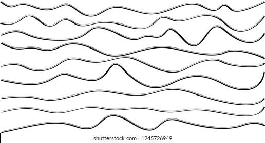 Illustrations wavy of vector. Design lines art black on white background. Design print for sea, textile, wallpaper, background. Set 1