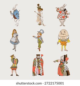 Ilustrações de personagens caprichosos de um conto clássico. Possui um coelho, rainha, rei e muito mais. Elementos de design vibrantes, lúdicos e imaginativos. Vetor de ilustração vintage.
