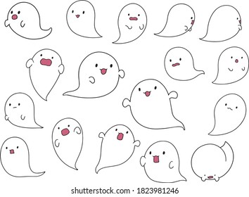 Illustrations of white ghosts in various poses
