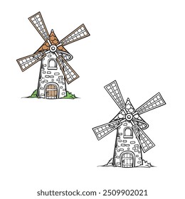 illustrations of a windmill. on white background. hand drawn. you can change color you want. vector illustrations
