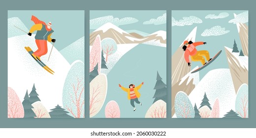 Illustrations of winter activities with characters skiing, skating and snowboarding against the backdrop of a mountain landscape. Lifestyle images