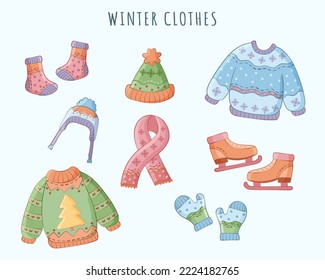 Illustrations of winter clothes elements. Cute characters in the form of clothes and accessories. Perfect for the book cover, T-shirt design, sticker and attribute with theme of winter season