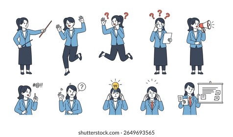 Illustrations of a woman in business attire displaying a range of emotions and actions in the workplace