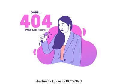 Illustrations woman holding cable internet plugs for Oops 404 error design concept landing page