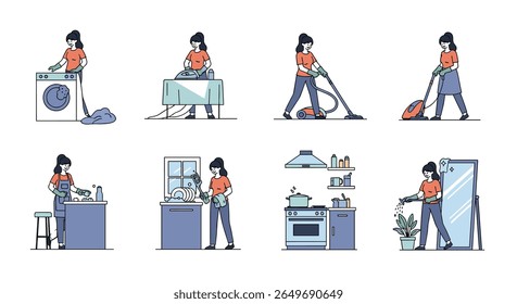Illustrations of a woman performing various household chores and cleaning tasks around the house
