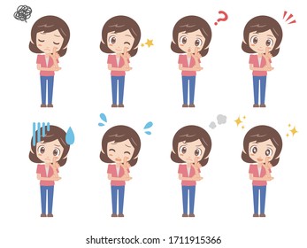 Illustrations of a woman posing with her left hand on her face and her left elbow supported by her right hand.
A set of various facial expressions.
A version dressed in pink.