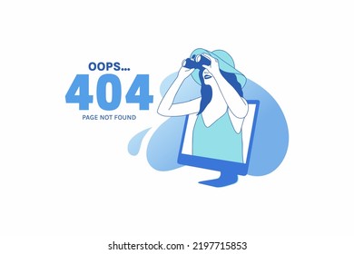 Ilustraciones Mujer que utiliza conexiones de Internet de apariencia binocular para la página de inicio del concepto de diseño de errores Oops 404