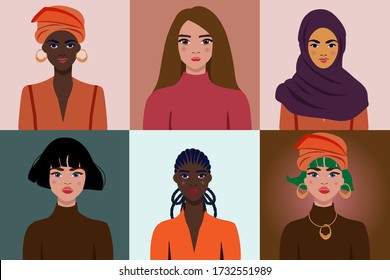 Illustrations with women of different nationalities and cultures. American, African American, Muslim, European. International Women s Day. The struggle for freedom, independence, equality.