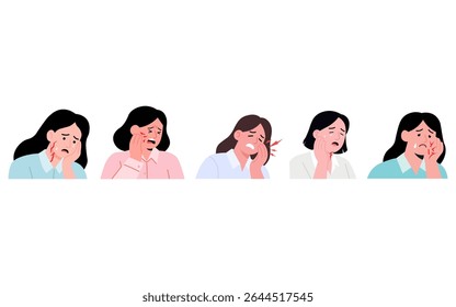  ilustrações de mulheres exibindo níveis variados de dor dentária, desde feridas faciais a intensa dor na mandíbula.
