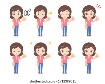 Illustrations of women doing the number three hand sign with their left hand.
A set of various facial expressions.
A version dressed in pink.
