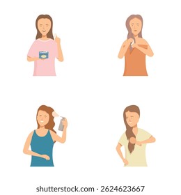 Illustrations of women engaged in various beauty activities, such as applying cream and brushing hair