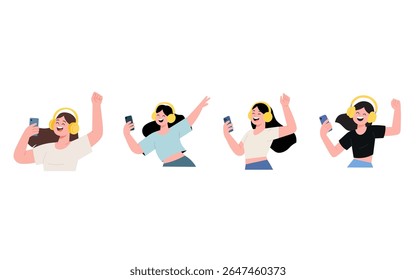 Illustrations of women with expressive faces and yellow headphones are depicted in dynamic poses, dancing happily while using their smartphones.