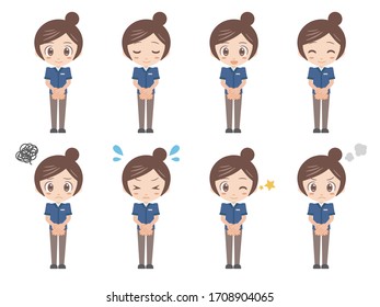 Illustrations of women joining hands in front.
A set of various facial expressions.
A version dressed as a convenience store clerk.