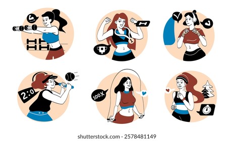 Illustrations of women performing different fitness activities, including lifting weights, boxing, running, and more, in a minimalistic style on a beige background. Vector illustration