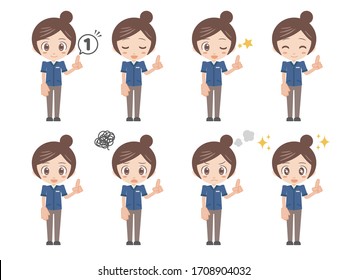 Illustrations of women pointing up with their left hands.
A set of various facial expressions.
A uniformed version of a convenience store clerk.