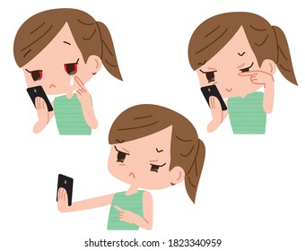 illustrations of women showing the Harmful effects of smartphones. Eye strain