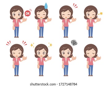 Illustrations of women signing ok with their hands.
A set of various facial expressions.
A version dressed in pink.