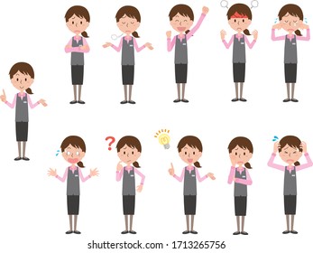 Illustrations of women with various expressions in company uniforms