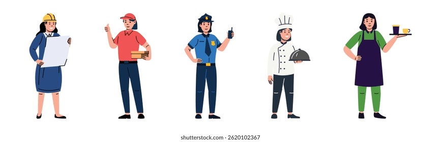 Ilustrações de mulheres em várias profissões, demonstrando diversidade na força de trabalho. Eles são mostrados em seus respectivos uniformes representando diferentes campos.