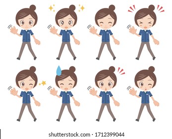 Illustrations of women waving their right hands while walking.
A set of various facial expressions.
A version wearing a convenience store uniform.