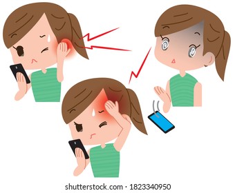 Illustrations of women who overuses their smartphone and get dizziness and tinnitus