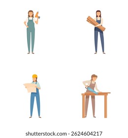 Illustrations of women in work attire, performing different jobs including painting and carpentry