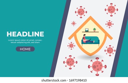Illustrations work from home to avoid corona virus, stay at home stay safe, man working at home 