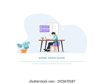 Illustrations work from home with a people working at home : happy employee, spirit of work, start up model, freelance, job seeker