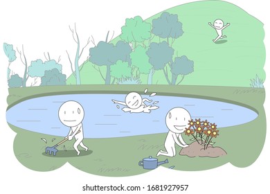 Illustrations of working people swimming, running, planting flowers in sunny spring.