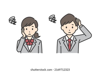 Illustrations of worried male and female students.