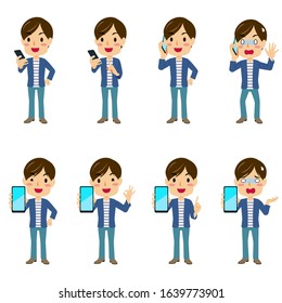 Illustrations of a young man with 8 different pauses #02