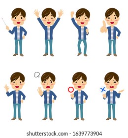 Illustrations of a young man with 8 different pauses #01