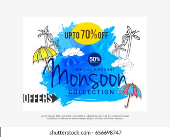 Illustration,sale banner,sale poster for Monsoon season raining drops,colorful umbrella with text space background.