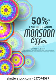 Illustration,sale banner,sale poster for Monsoon season raining drops,colorful umbrella with text space background.