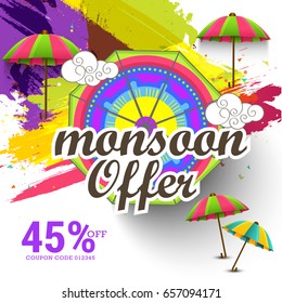 Illustration,sale banner,sale poster for Monsoon season raining drops,colorful umbrella with text space background.