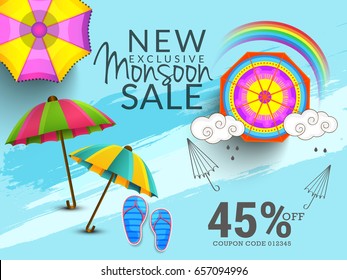 Illustration,sale banner,sale poster for Monsoon season raining drops,colorful umbrella with text space background.